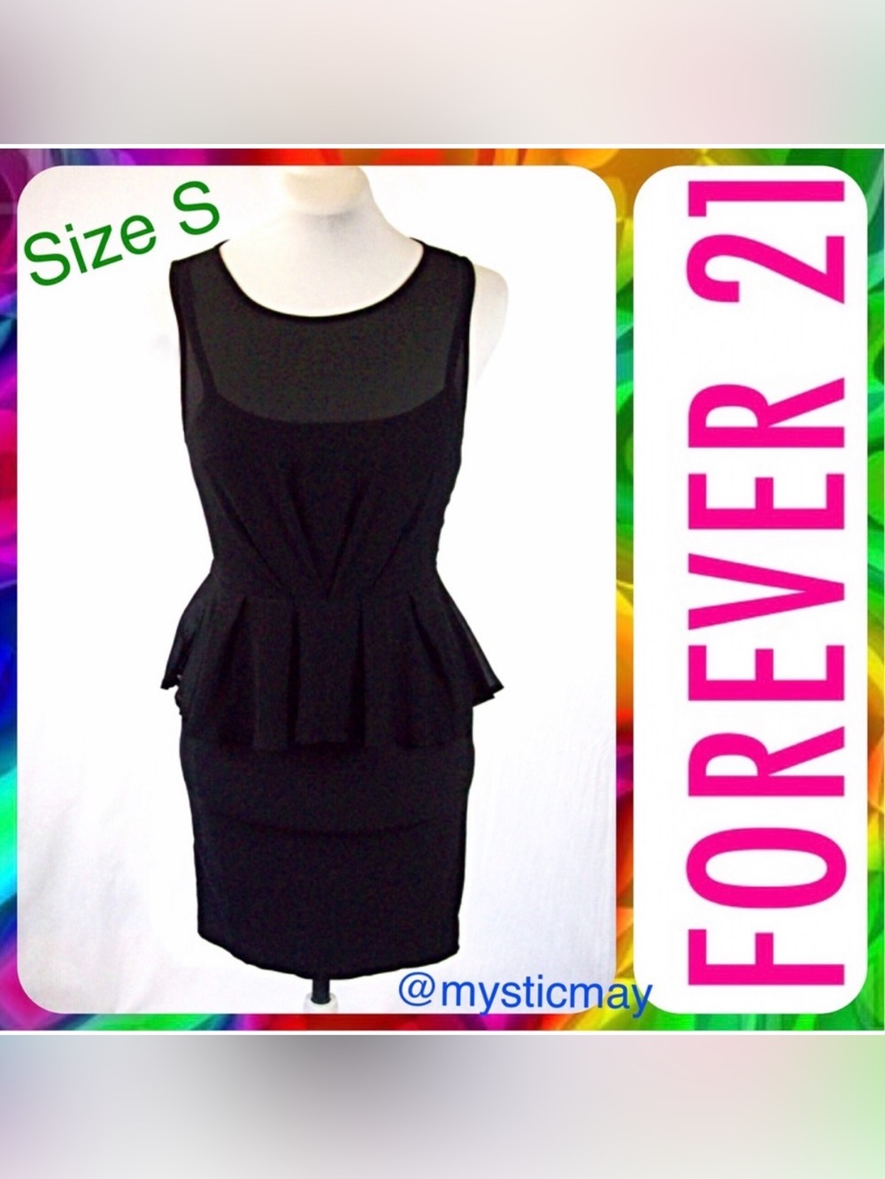 FOREVER 21 Sleeveless Black Crepe Overlay Peplum Flounce Sheath Dress LBD Size S